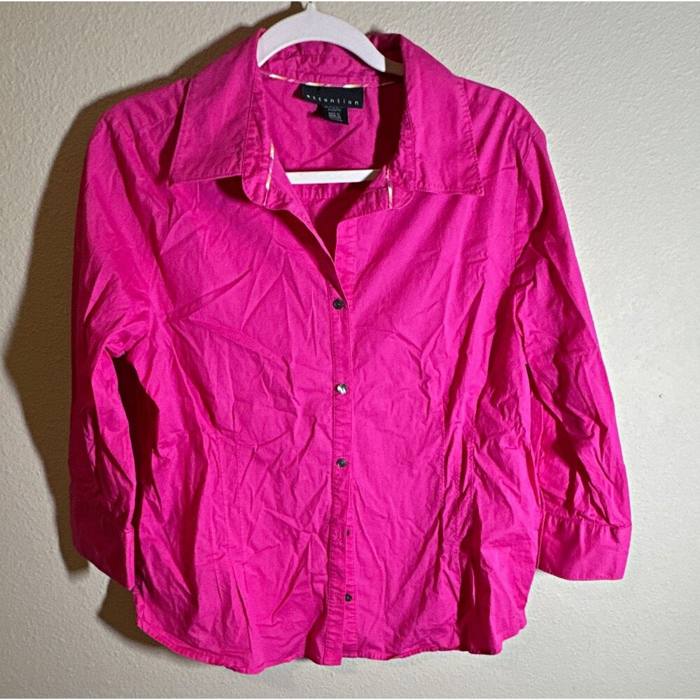 Attention Women’s Pink Solid Collared Button-Up Shirt 3/4 Sleeve Size XL
